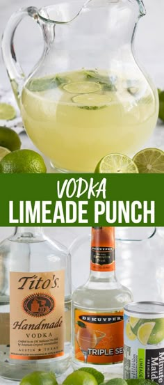 vodka limeade punch in a pitcher with limes around it