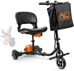 an orange scooter sitting next to a black bag