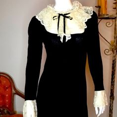 Beautiful, Warm Victorian Romantic Goth Style 1970s Polyester Blend Knitted Pencil Dress. Wiggle Dress With Long Sleeves And Lace. Lace At The Neck Line And The Base Of Sleeves Give Off Renaissance Vibes. I Just Don’t Wear It, So I’m Listing It Now. Best For A Size Medium - Large. Fabric Is Stretch, But The Lace At The Bodice Is Not. Pit To Pit Is 34”-40” Waist Is 31”-38” Length Is 42” Bin 5 Dresses 70s, Romantic Goth, Goth Dress, Wiggle Dress, Pencil Dress, Knitting Women, Black Cream, Goth Fashion, Bodice