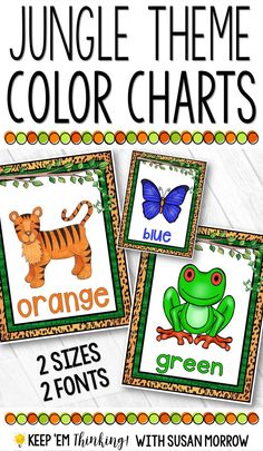 the jungle theme color chart for children's books with pictures of animals and plants