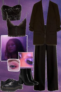 a woman wearing black clothing and shoes with purple background, including an image of a person's face