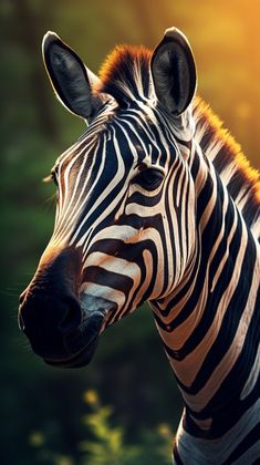 a close up of a zebra with trees in the background