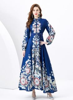 2024 Retro Long-sleeved Stand-up Collar Printed Dress Graduation Inspiration, Long Sleeve Evening Gowns, Effortless Outfit, Maxi Dress Navy, Dress Crafts, Floral Fashion, Printed Dress, Long Maxi, Cinched Waist