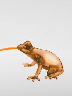 a golden frog is flying through the air with an orange object in it's mouth