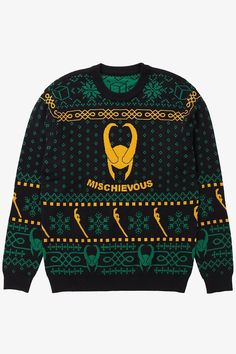 a black sweater with an image of a monkey on the front and yellow lettering that says mischevous