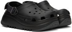 Lightweight Croslite™ foam rubber loafers in black. Perforated detailing and cutouts throughout. · Convertible velcro slingback strap · Molded rubber footbed · Foam rubber platform midsole · Treaded rubber outsole · Platform: H2.5 in Supplier color: Black Outdoor Synthetic Platform Clogs, Sporty Platform Clogs With Synthetic Material, Sporty Platform Clogs In Synthetic Material, Black Platform Clogs For Streetwear, Crocs For Women, Black Siren, Rubber Slippers, Crocs Black, Clog Sandals