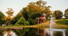 a pond with a house in the background and water spouting out from it