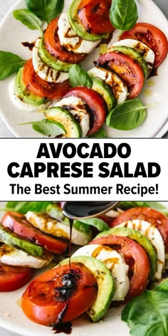 Avocado caprese salad with balsamic vinegar Caprese Salad With Avocado, Capris Salad Recipe, Capri Salad, Unique Salads, Avocado Caprese Salad, Caprese Avocado, Elegant Salad, Recipes Vegetarian Dinner, Dinner Recipes For One Healthy