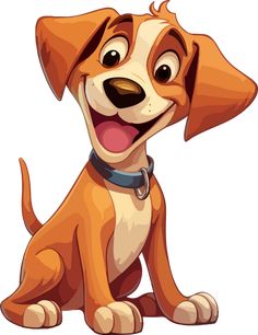 a cartoon dog sitting down with its tongue out and his eyes wide open, smiling