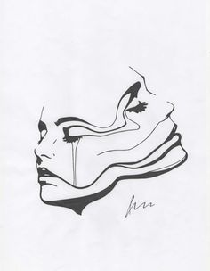 a black and white drawing of a woman's face with her hair pulled back