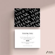 two thank cards with the words thank you in black and white, on a pink background