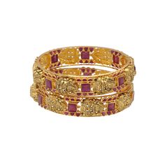 Experience the allure of temple style Indian jewelry with our mesmerizing set of 22k yellow gold and gemstone bangles. Crafted with meticulous attention to detail, these gold bangles showcase the brilliance of Indian jewelry. The intricate temple design, coupled with a dazzling arrangement of rubies, creates a captivating and regal look. Let your wrists sparkle with the radiance of these exquisite gold bangles, reminiscent of royalty. Indulge in the beauty and craftsmanship of 22k Indian jewelry