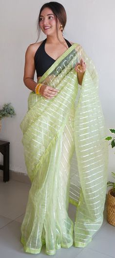 Green color Saree in Organza Silk, Silk fabric with Gota Patti, Lace work White Self-design Saree For Party, Organza Saree With Zari Weaving For Party, Party Saree With Zari Weaving In Organza, Green Tissue Silk Blouse For Party, Pista Green Organza Traditional Wear For Party, Party Traditional Wear With Zari Weaving In Organza, Green Organza Blouse Piece For Party, Green Organza Saree For Party, Green Organza Party Saree