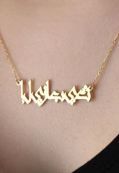 "Arabic Name Necklace and chain are 14k Solid GOLD ( not filled or plated) Personalized solid gold Arabic necklace in 14k Gold, Rose Gold, White Gold. Arabic Name Choker Necklace will be handmade with a name/word/date of your choice. All our personalized gold necklaces are suitable for all kinds of clothing and add a great sparkle to your wardrobe. Each personalized necklace is made to order, which gives our pieces a unique meaning that is specific and special to you. We offer many alternatives Traditional Gold Name Necklace, Traditional Gold Necklace With Name, Engraved Pendant Chain Necklace For Anniversary, Unique Gold Necklace For Mother's Day, Traditional Gold Nameplate Necklace, Engraved Nameplate Chain Necklace As Gift, Engraved Nameplate Chain Necklace Gift, Handmade Nameplate Necklaces For Anniversary, Handmade Yellow Gold Nameplate Necklace