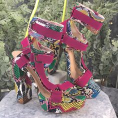 Fashionnova Head In The Clouds, Women’s 6m, Vivid Multi-Color Snakeskin Vinyl Uppers, One Band Open Toes, 3 Adjustable Velcro Ankle Straps, 5.5” Stack Heels, 1.25” Front Platform Rise, 3/4 Length Memory Foam Insoles, Tan Rubber Soles. Shoes Are In Excellent-Never-Been-Worn Brand New Condition Pink Wedge Heels With 4-inch Heel, Pink High Heel Synthetic Heels, Bold Pink Heels For Summer, Bold Pink Summer Heels, Bold Pink Heels For Party, Bold Pink Party Heels, Pink 4-inch Wedge Heels, Pink High Heel Platform Shoes, Bold Pink Platform Heels