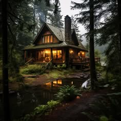 a cabin in the woods at night with lights on