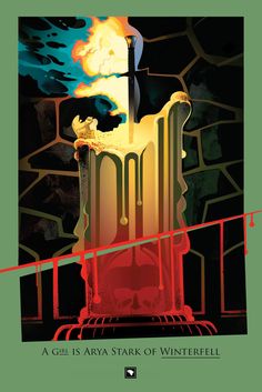 a poster with an image of a tower in the air and flames coming out of it