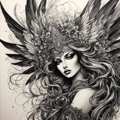 a drawing of a woman with long hair and wings on her head, in black and white