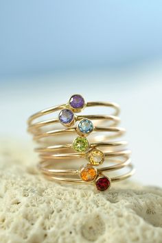 14k gold rainbow rings | muyinjewelry.com Pea Pod Necklace, Color Stones Jewelry, Safety Pin Earrings, Pin Earrings, Rainbow Rings, Stacking Ring Set, Bow Ring, Gold Bullion, Stones Jewelry