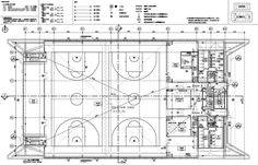 an architectural drawing of a basketball court with the floor plan and measurements for each area