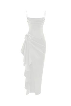 Flower embellished draped satin midi dress white 7D020 – RASARIO Editors Note, Resort Dress, Draped Bodice, Midi Dress White, Satin Midi Dress, Dark Blue Color, Look Stylish, White Midi Dress, Dress White