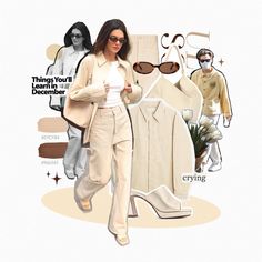 a woman in white is walking with her hand on her hip while wearing sunglasses and a beige suit