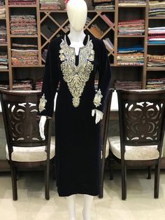 Style up with this elegant velvet kurta with Kashmiri Tilla embroidery. Pair this Tunic Top Kurta with a skirt, trousers, jeans, jeggings, dhoti or any other bottom and be ready in style.- - - - - - - - - - - - - - - - - - - - Product DetailsVelvet Kurta with Kashmiri Tilla Embroidery (Metallic Thread)- Condition: Brand New (Made to Order)- Fabric: Fine Velvet- Fully Lined from Inside- Features Pockets on both sides.- Colour: Navy Blue- Sleeve Length: 22" (56 cm) approx. | Can be customized- Len Velvet Kurta, Band Collar, Boys Jacket, Tunic Blouse, Jeggings, Color Combinations, Navy Blue, Womens Clothing Tops, Tunic Tops