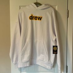 Drew House Hoodie, New With Tags. Never Worn. Size Large. White Crew Hoodie For Loungewear, White Crew Neck Hoodie For Loungewear, Drew House, Yellow Hoodie, White Crew Neck, Pacific Blue, Drawstring Hoodie, Cotton Hoodie, White Hoodie