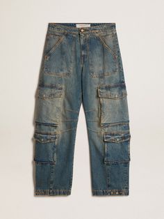 Blue jeans with a distressed finish | Golden Goose Barrel Jeans, Urban Aesthetic, Fall Jeans, Lace Socks, Cargo Pocket, Military Inspired, Cargo Jeans, Double Breasted Blazer, Blue Denim Jeans