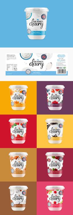 The King's Dairy Yogurt Packaging Yoghurt Label Design, Yogurt Packaging Design Inspiration, Yogurt Branding Design, Yogurt Package Design, Yogurt Label Design, Dairy Packaging Design, Yoghurt Packaging Design, Dairy Branding, Yogurt Branding