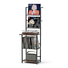 a book shelf with cd's and magazines on it, against a white background