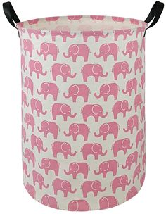 a pink and white elephant print laundry hamper with black handles on the top, sitting in front of a white background