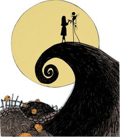 a drawing of a man and woman standing on top of a wave with pumpkins