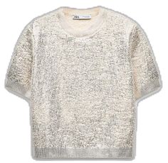 Casual Shimmer Tops, Short Sleeve Tops With Sequins For Fall, Short Sleeve Sequined Tops For Fall, Short Sleeve Top With Sequins For Fall, Silver Crew Neck Top For Fall, Fall Short Sleeve Top With Sequins, Winter Party Tops With Short Sleeves, Zara Short Sleeve Tops For Fall, Casual Textured Knit Tops For Party