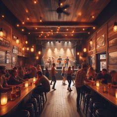 a group of people sitting at tables in a restaurant with lights on the ceiling and wooden walls