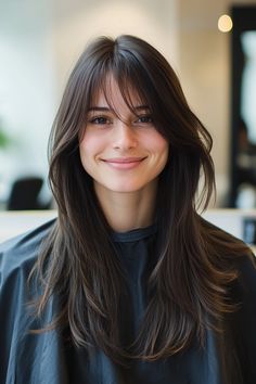 34 Gorgeous Long Layered Hair Ideas with Bangs for 2024 – CreativeBooster Long Layers Brunette Straight, Haircut With Side Bangs And Layers, Long Hair Short Face Framing Layers, Face Framing Hair Straight, Soft Layer Long Hair, Side Framing Bangs, Long Layered Haircuts With Face Framing Bangs, Haircuts For Long Hair And Round Face, Long Side Part Bangs