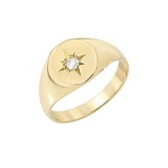 "This traditional Signet style ring is composed of 14K solid gold & uniquely complemented with a genuine GVs1 quality round brilliant cut natural real Diamond in a star setting. This ring is the perfect unique addition to your ring collection! NOTE: This design can be made with any precious gemstone desired. Please contact us for pricing and availability. ♦ Ring Dimensions: approximately 9.5mm (outer diameter to widest portion) - 2.3mm (height of tapered end of inner band) ♦ Band Thickness: appr Classic Yellow Gold Star-shaped Diamond Ring, Classic Star-shaped Formal Jewelry, Celestial Style Diamond Ring With Single Round Diamond, Celestial Style Round Diamond Ring With Single Diamond, Celestial Style 14k Stamped Promise Ring, Classic Star-shaped Jewelry With Single Diamond, Gold Signet Ring With Center Stone In 14k Gold, Classic 14k Gold Star Shaped Signet Ring, Gold 14k Signet Ring With Center Stone