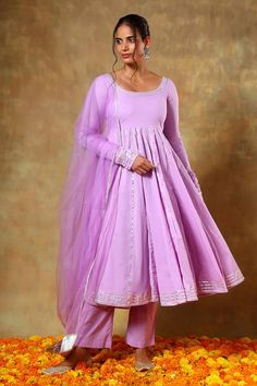 Lavender cotton anarkali with gota lace embroidery. Comes with pant and a net dupatta. - Aza Fashions Lace Anarkali, Churidar Sleeves, Purple Anarkali, Lavender Cotton, Cotton Anarkali, Diana Penty, Luxury Sale, Lace Neckline, Net Dupatta