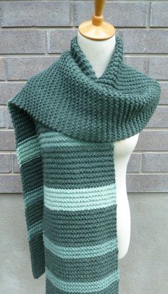 "This beautiful hand knitted scarf is made with chunky weight Wool Blend Yarn (80% Acrylic, 20% Wool). The scarf can be worn in multiple ways. Very beautiful colors. The colors may appear slightly different on different monitors. Measures: 85\" (215 cm) long x 11\" (28 cm) wide. From a smoke-free home. Care instructions: Hand wash in cool water and dry flat." Hand Knitted Green Knitting Pattern, Green Yarn Knitting Pattern, Bulky Knit, Green Scarf, Hand Knit Scarf, Wool Scarf, Simply Beautiful, Knit Scarf, Crochet Scarf