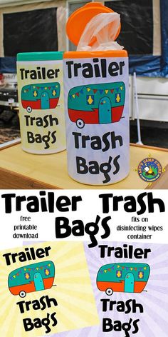 two trash bags with the words trailer trash bags written on them and an image of a trash can