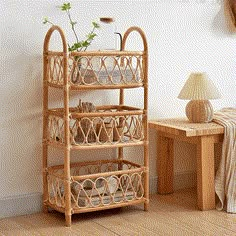 Boho Woven Rattan Storage Rack Modest Aesthetic, Rattan Shelf, Freestanding Bathroom Storage, Ceiling Shelves, Creative Bookshelves, Rattan Storage, Bookshelf Storage, Nordic Living Room, Bathroom Wall Cabinets