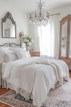 Sunlit French country bedroom with crystal chandelier, white curtains, and ornate mirror reflecting natural light Country French Bedroom Ideas, French Country Bedrooms Decorating Ideas, French Country Bedrooms Romantic, Modern French Country Bedroom, Country French Bedroom, French Country Style Bedroom, French Country Bedroom, Country Bedroom Design, Ornate Mirrors