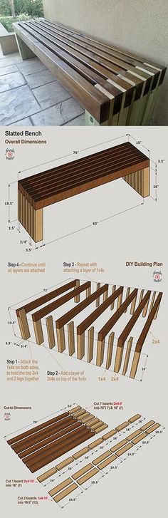 the plans for a bench are shown in three different views, including one with wood slats