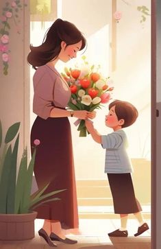 a woman handing flowers to a small boy