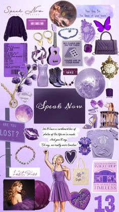 a collage of purple and white items with the words speak now