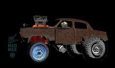 an old pick up truck with big tires on it's flatbeds is depicted in the dark