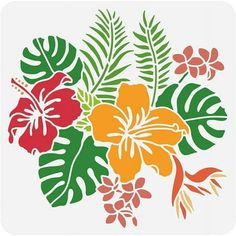 a bouquet of tropical flowers and leaves on a white square coaster with red, orange, green and yellow colors