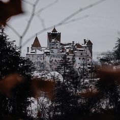 an old castle sits on top of a hill in the middle of winter, surrounded by trees