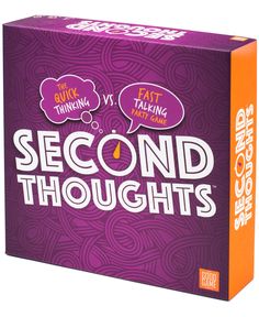 the card game second thoughts is in its box, and it has two thought bubbles