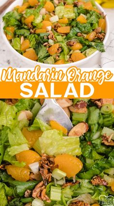 mandarin orange salad in a white bowl on a marble table with text overlay that reads mandarin orange salad